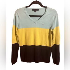 Tommy Hilfiger Colorblock Striped Ribbed Trim V-Neck Sweater Size L